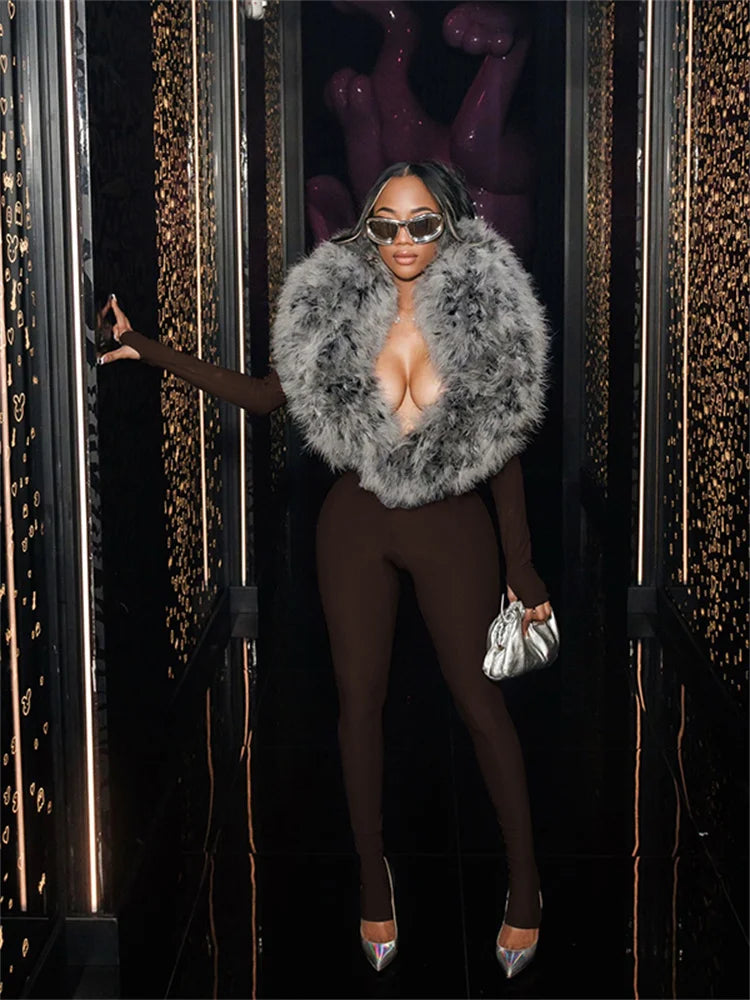 UK Size 4 Colors Furry Deep V-Neck Jumpsuits Woman Hipster Patchwork Trend Sexy Stretch Fitness Club Activity Luxury Midnight Overalls