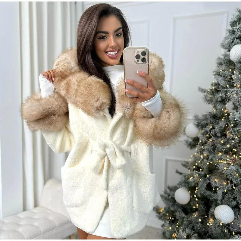 UK Size White/Gray/Brown/Black Color Hoody Mink  Fur Furry Coats Women Fashion Belt Long Sleeve Pocket Thicken Warm Jacket Autumn Winter Urban Lady Streetwear