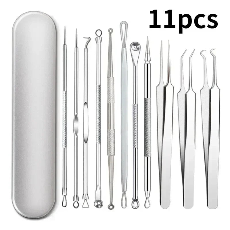 11Pcs Set Acne Pimples Blackhead Remover Clip Ultra-fine Tweezers Black Dots Blackhead Extractor Acne Needle Facial Cleaner Skin Care Tools