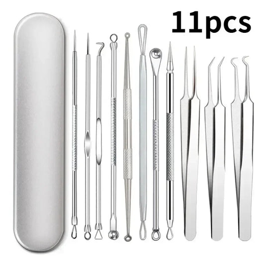 11Pcs Set Acne Pimples Blackhead Remover Clip Ultra-fine Tweezers Black Dots Blackhead Extractor Acne Needle Facial Cleaner Skin Care Tools