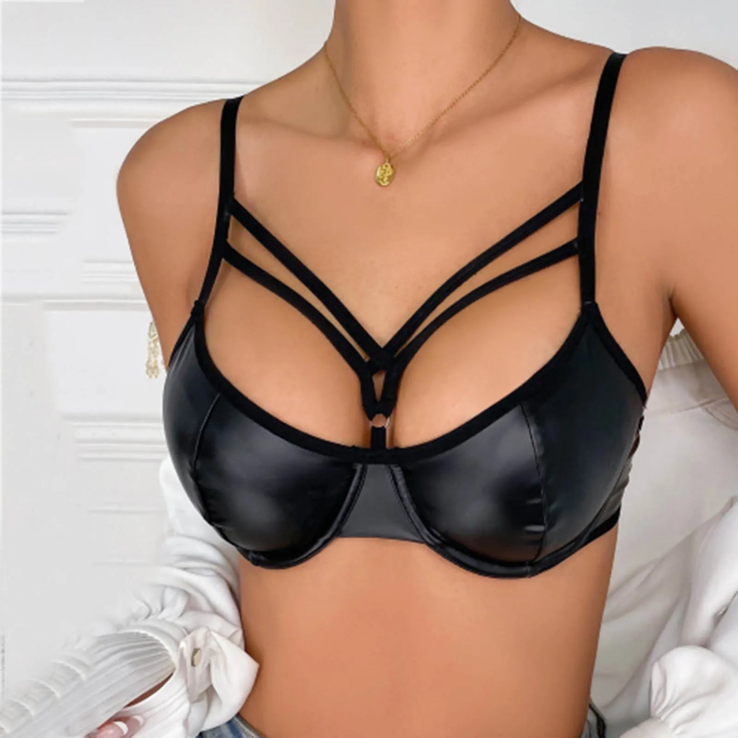 NEW Sexy Black Women Bra PU Leather Underwear Hollow Lingerie Solid Panties Bras For Women Underwired Underwear Brassiere Clubwear Ladies Luxury Underwear Supplies Lingerie Fashion Clothing Products