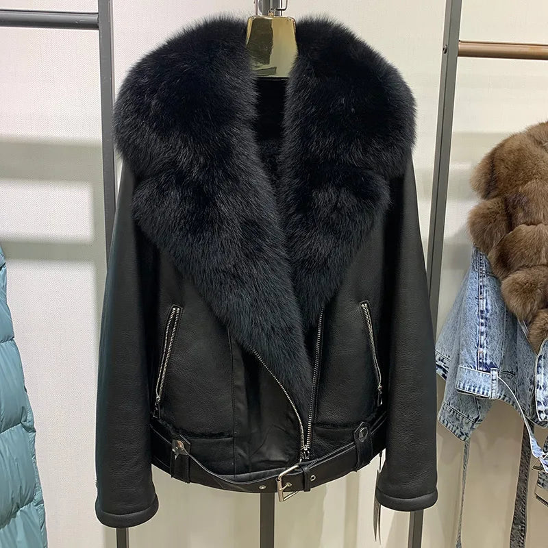 Real Shearling Jacket Real Fox Fur Collar Cuff Coats Women Winter Overcoats Genuine Sheepskin Leather Jacket