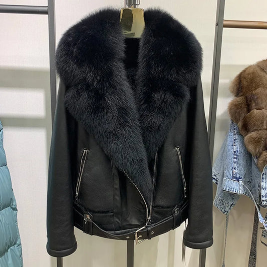 Real Shearling Jacket Real Fox Fur Collar Cuff Coats Women Winter Overcoats Genuine Sheepskin Leather Jacket