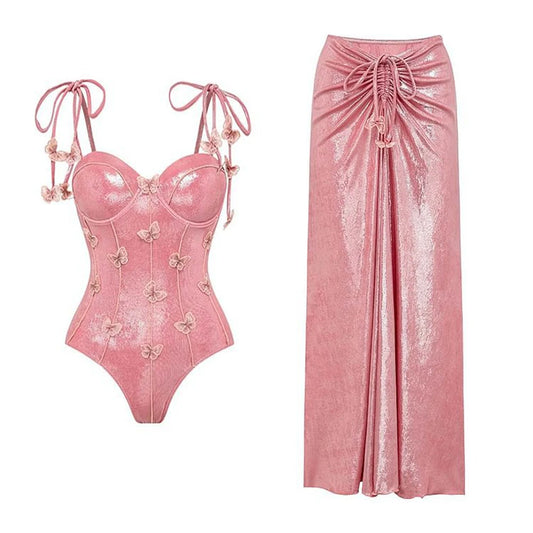 New Arrivals 1PC/2PCS Set Luxury Glossy  Women Swimsuit and Skirt for Ladies One Shoulder 3D Flower Swimwear Female Shiny Monokini Beach Bathing Suit