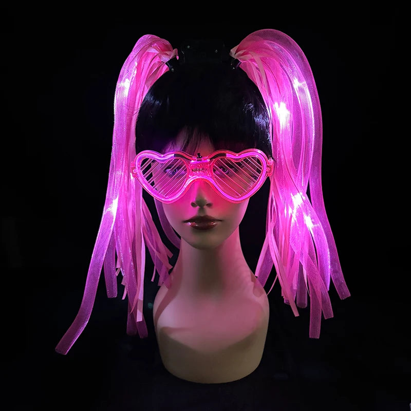 2 PCS Set Headbands + Glasses Rave Party  Luminous Flashing Noodles Headband Light Up Braid Headband Girl Women Bar Club Night Show Headwear Supplies