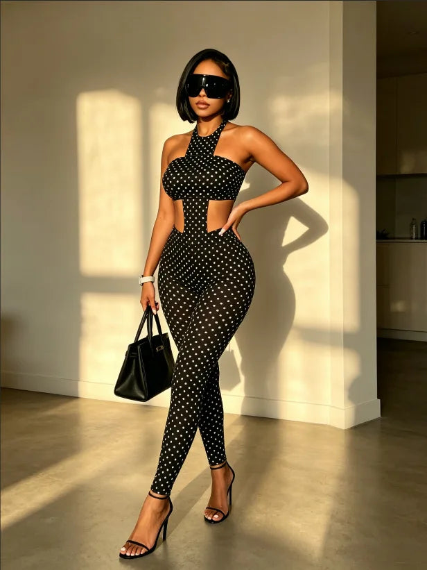 Just Landed 2 PCS Set Black/White Color Polka Dot Halter Crop Top Set Hollow Out High Stretch Skinny Pants Y2K 2026 Women Sexy Night Club  Evening Party Tracksuit Female Apparel Sets Clothing Supplies