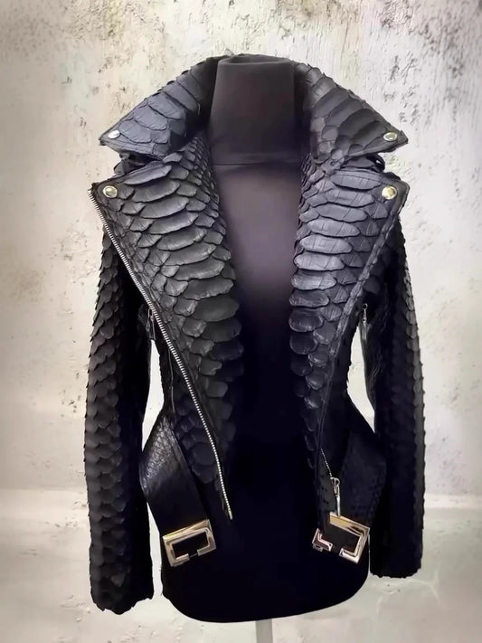 S-3XL UK Plus Size Autumn and Winter Women's PU Leather Black Snakeskin Leather Locomotive Jacket