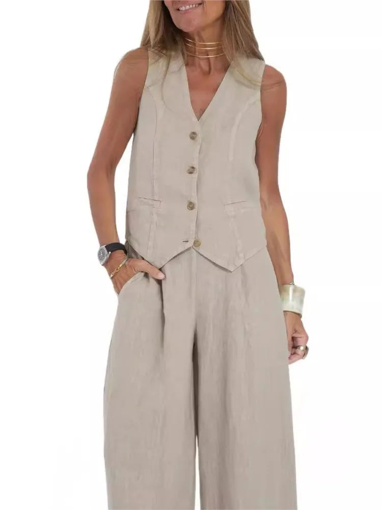 NEW Arrivals 2PCS Set S-2XL UK Size Women's Clothing Spring Summer New Fashionable Vest Pants Collage Splicing Pure Sleeveless Color Temperament Casual Suit
