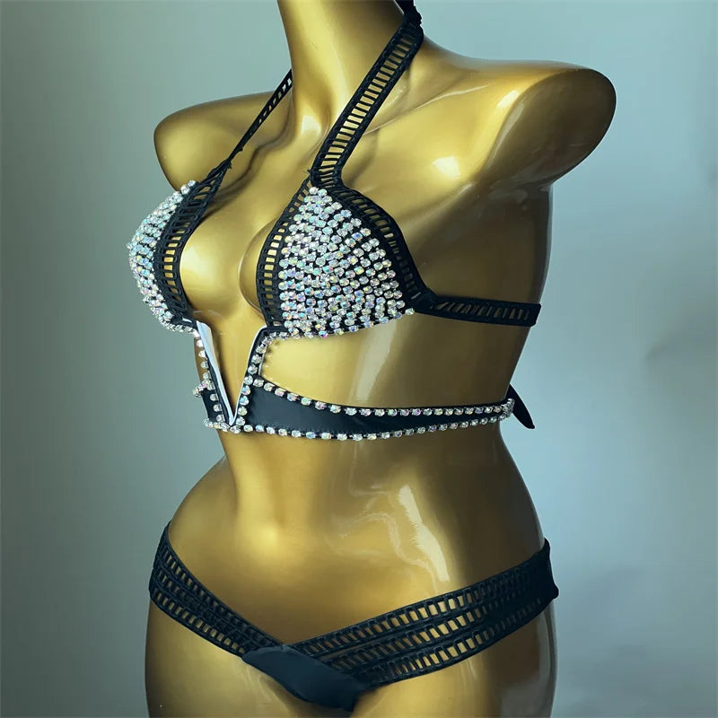 NEW Arrivals Luxury V-Shaped Handmade Pure Color Diamond inlaid Triangle Bikini  Hollow Italian Design High Quality Diamond Bikini Girls Ladies Sexy Beach Wear