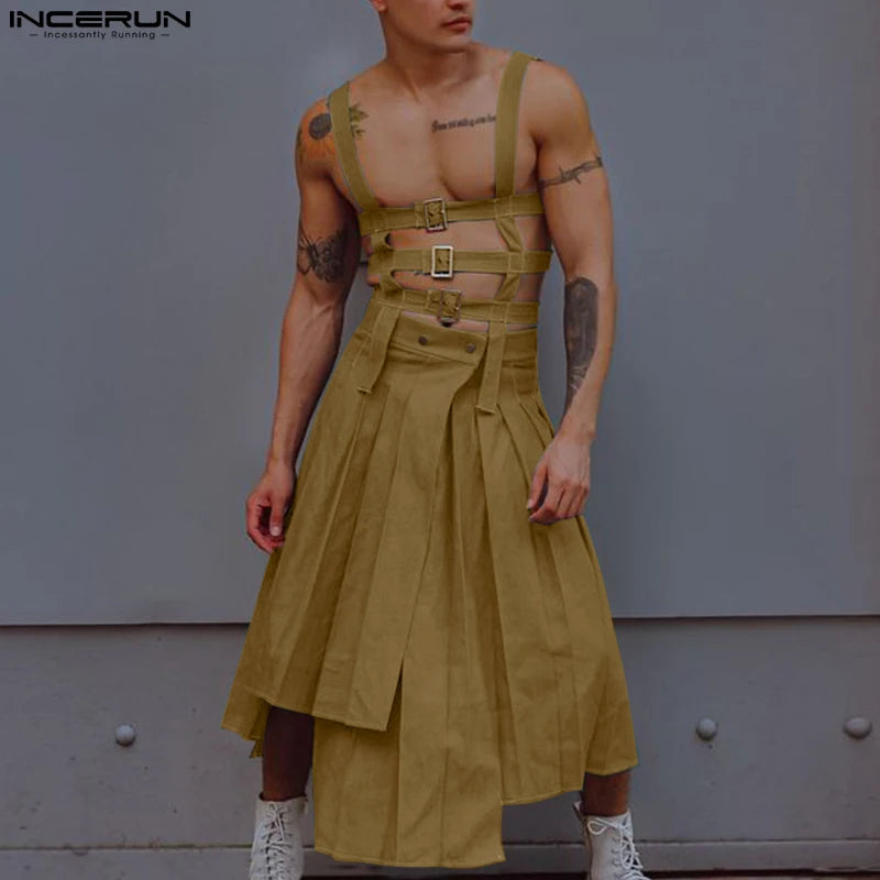 Men Irregular Skirts Jumpsuits Solid Color Hollow Out Straps Men Pants Streetwear Personality Male Skirts S-5XL INCERUN