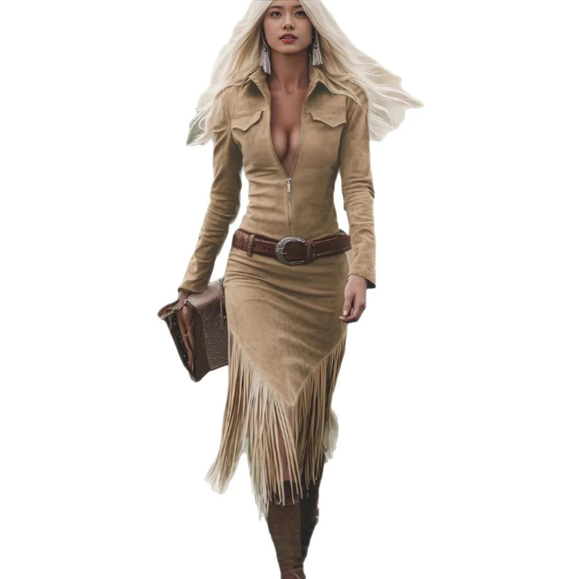 S-2XL Plus Size Ladies Vintage Western Turn-Down Collar Front Zipper Tassel Long Sleeve Midi Dress Elegant Commute Style