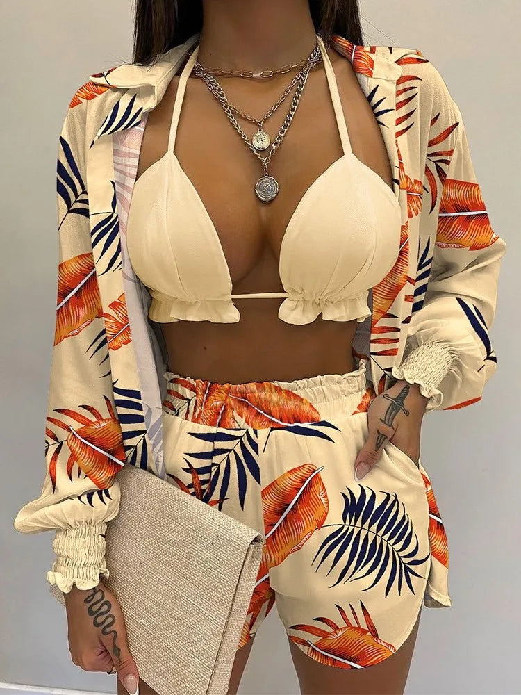 New Women's Sexy Fashion Set Spring/summer Solid Color Print 3-piece Set Beach Casual Coat Shorts Women's 3-piece Set