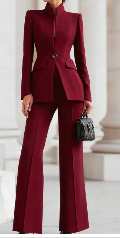 5 Colors 2 PCS Set S-2XL UK Size Elegant Long Sleeved Blazer + Pants Suit Autumn Spring Simple Solid Color Commuting Outfit Women's Temperament Slim Fit Professional Set