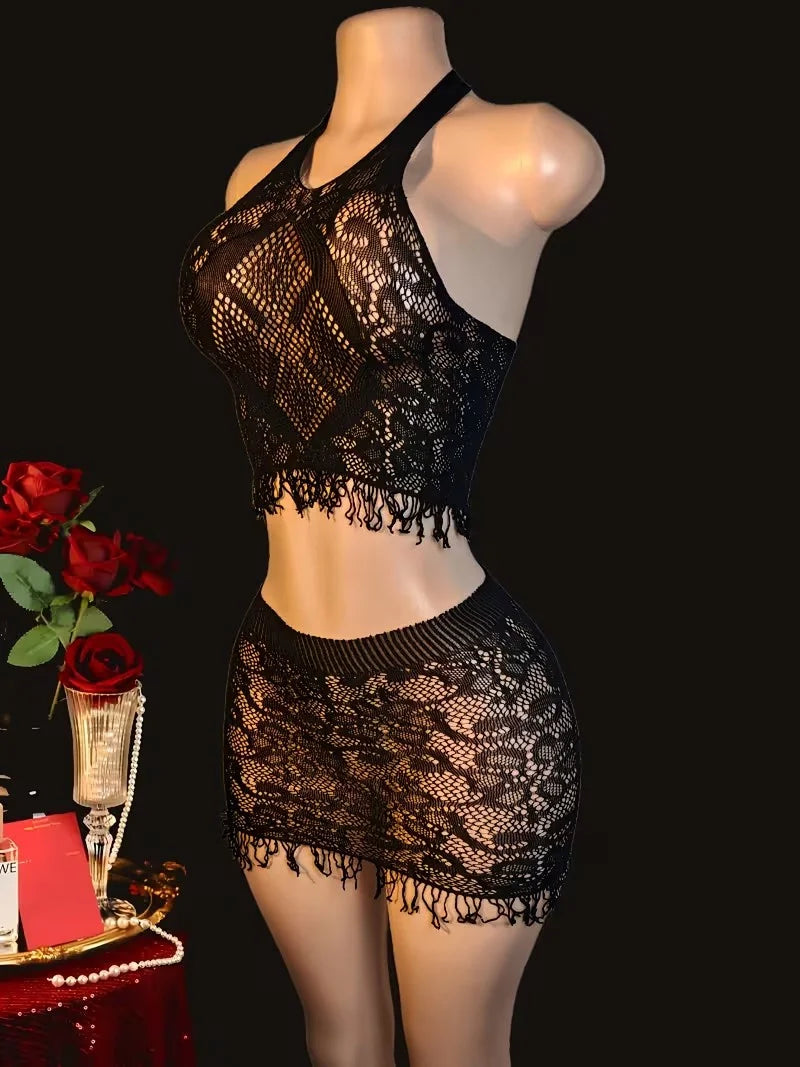 2 PCS Set Sexy Women Fishnet See Through Cover Ups Hollow Out Bodycon Women's Swimwear Tassel Dress Bikini Beachwear Bathing Suit