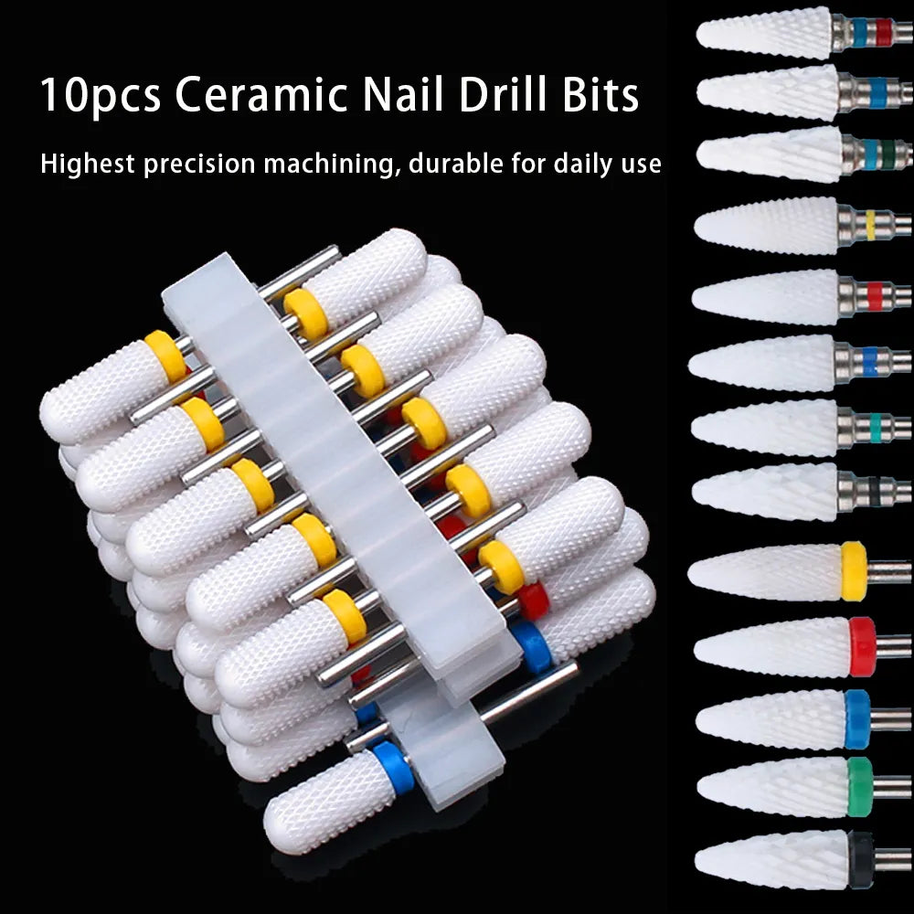 10pcs Ceramic Nail Drill Bits Set Milling Cutter for Electric Manicure Bit Flame Corn Files Pedicure Machine Polish Accesoires