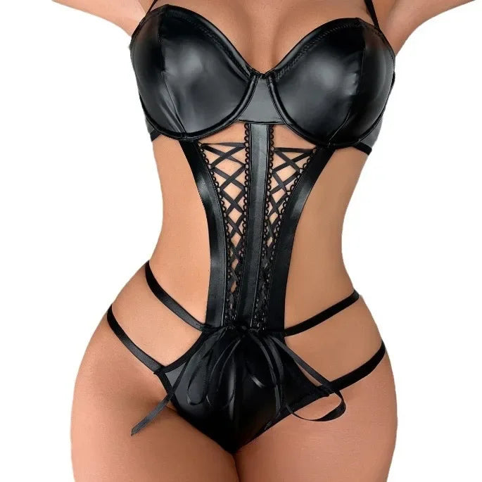 NEW Arrivals Hot Sale Of The Season New Women's Luxury PU Leather Three-Point Sexy Top Quality Underwear Set Bikini Patent Leather Special Use Clothing Sensual Sex Party Ladies Role
