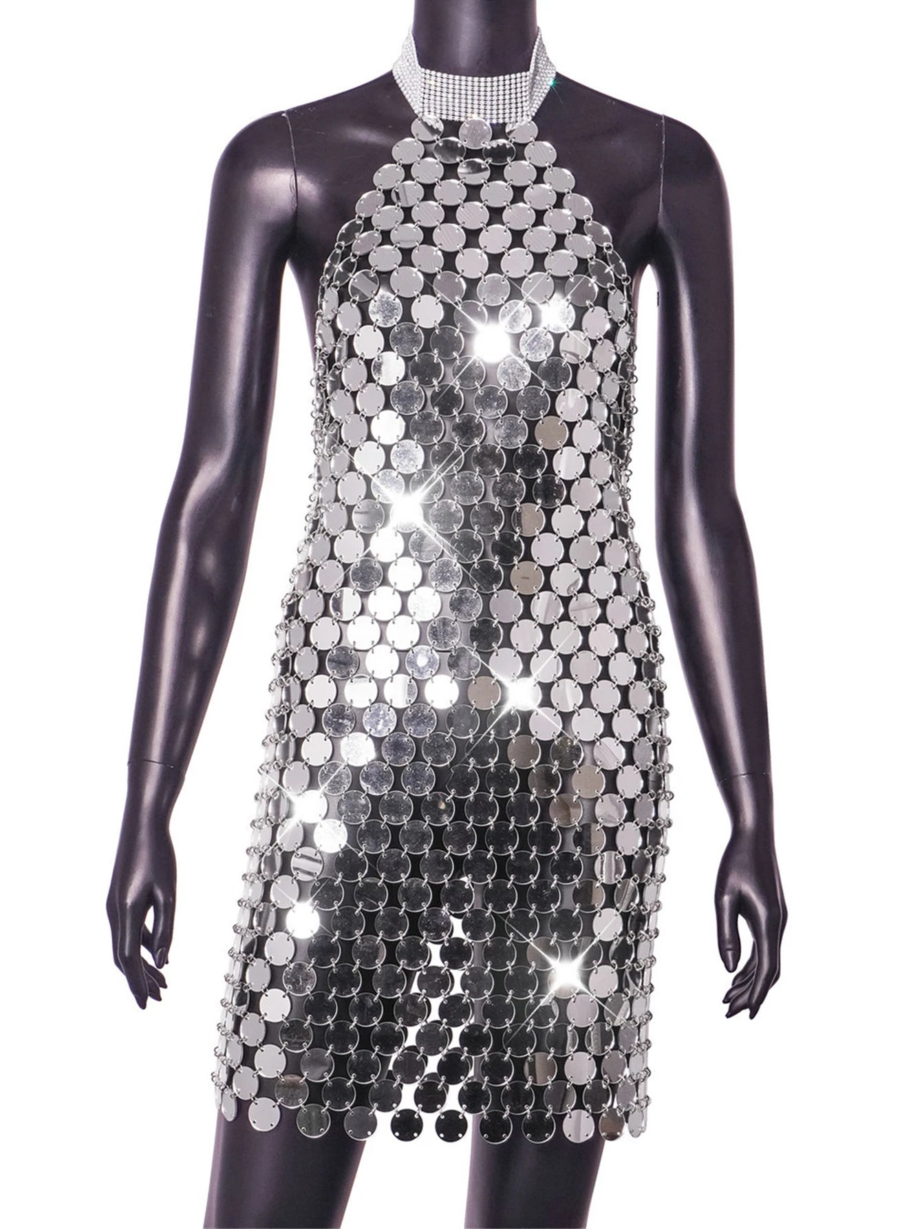 Low-Price Sales are Limited NEW Arrivals Sexy See Through Mini Metal Sequin Summer Evening Party Formal Dress Women Rhinestones Night Club Wedding Birthday Party Dress Ladies Luxury Fashion Apparel Supplies