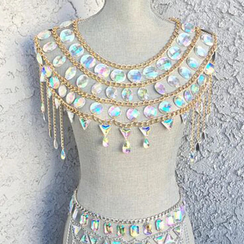 NEW Arrivals 2PCS Set Sexy Crystal Sequin Women Festival Outfits Handmade Patchwork Metal Tassel Chain Crop Top Women's Set