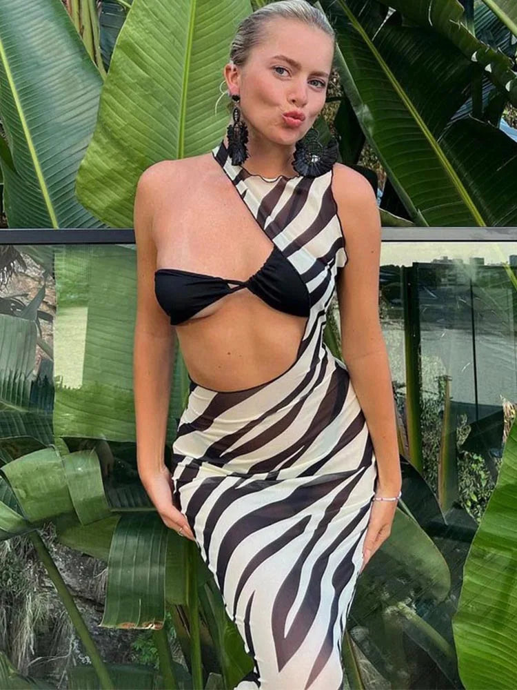 Women's Sexy Zebra Long Beach Dress Cover-Ups Sexy Transparent Mesh Maxi Dress Striped Cut Out Bodycon Vacation Summer Dress Women Bathing Apparel Swimming Clothing Supplies