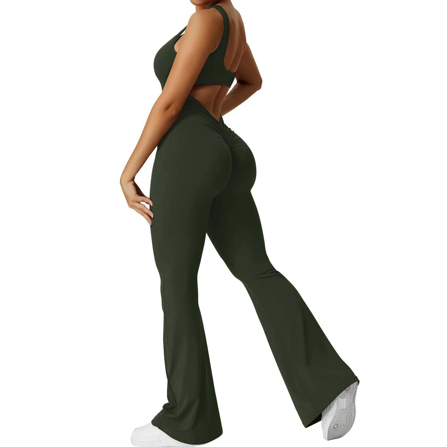 5 Colors S-XL Size Women's Fitness Flared Bodysuit Sexy Backless Fitness Tight Waistband Hipless Yoga Bodysuit V Back Waistband Hip Lift Female Apparel Sports Clothing Supplies