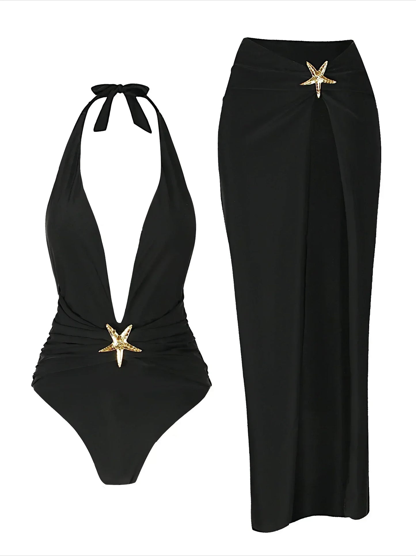 NEW Arrivals S(8)- L(12-14) UK Size 8 Colors Swimsuits for Elegant Women Starfish Bathing Suits with High Split Skirt Cover-Ups Sexy Halter Bikini Sets K59