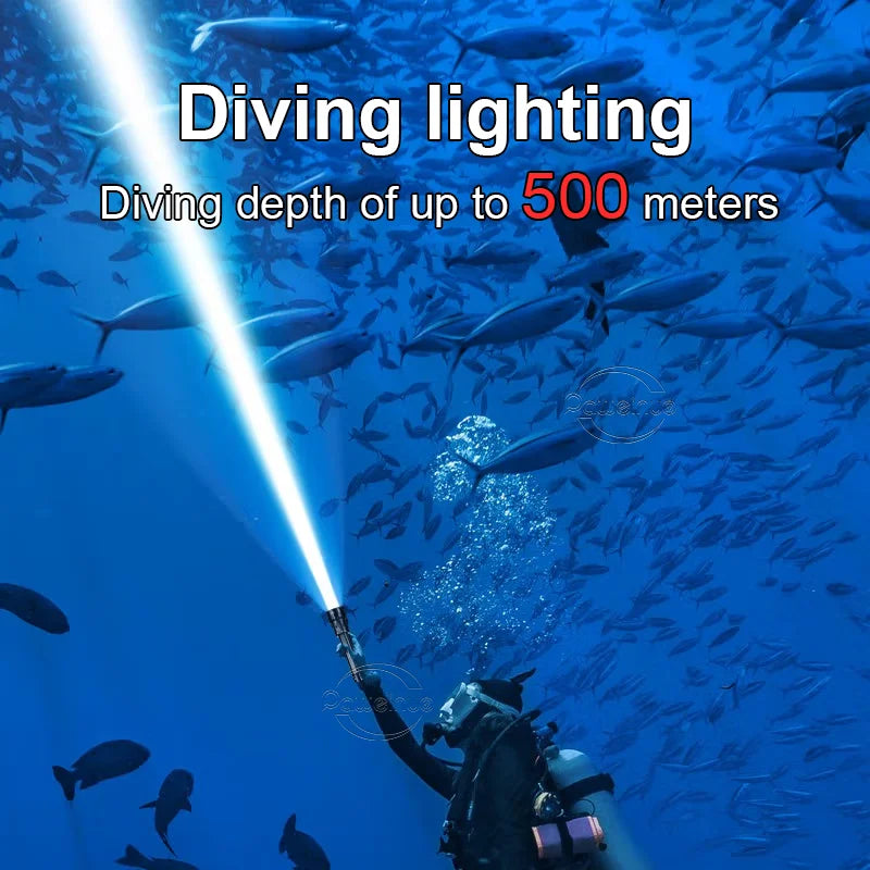 NEW Arrivals Top Quality 600000LM LED Scuba Dive Flashlight Super Bright Professional Diving 500M Underwater Lantern IPX8 Waterproof Fishing Flash Light Water Sports Supplies