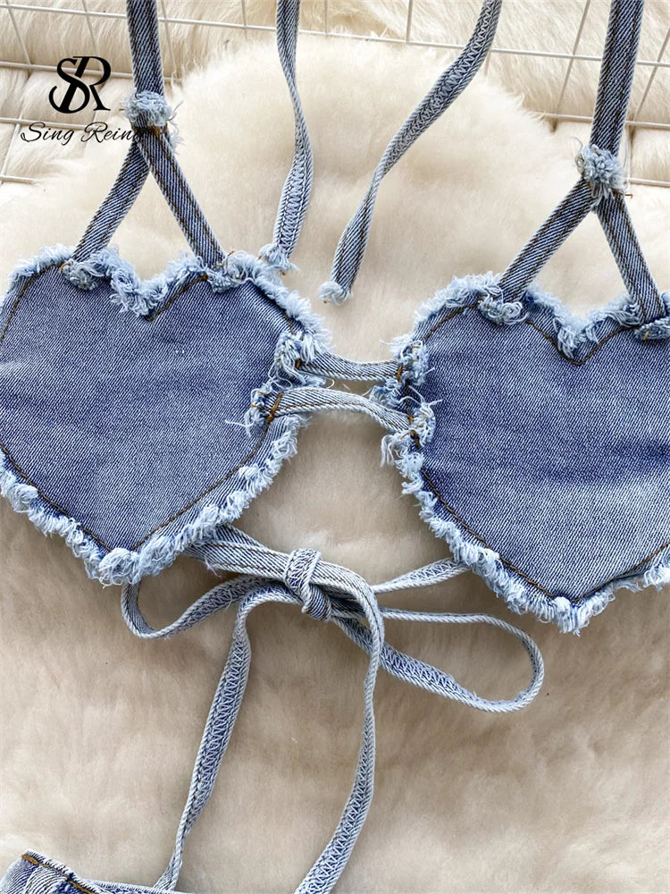 SINGREINY American Hotsweet Sets Halter Sleeveless Backless Love Tops+High Waist Button Basics Shorts Fashion Sexy Denim Suits