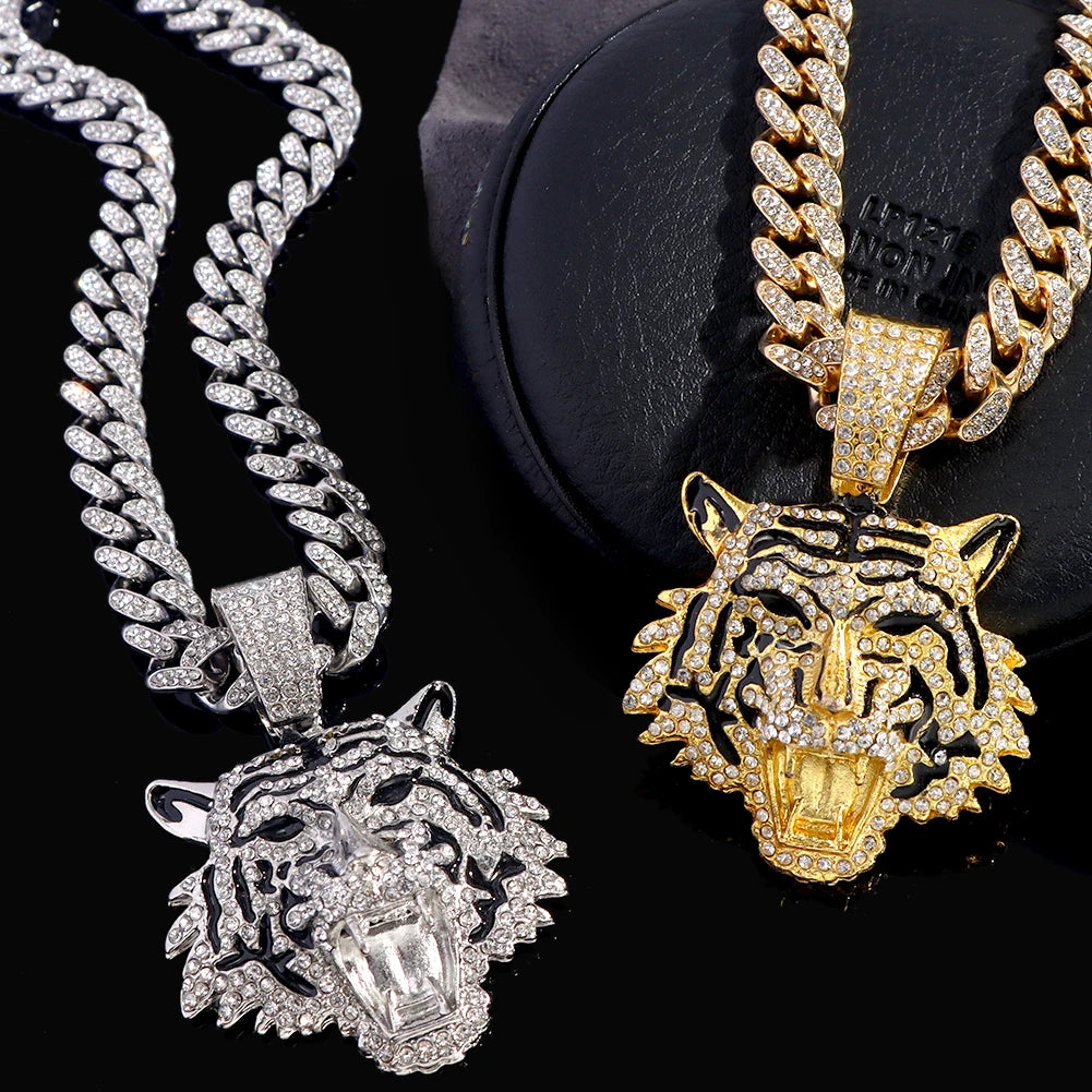 Luxury Rhinestones Gold/Silvery Color Hip Hop Tiger Head Pendant Necklace for Men Women, Iced Out Rhinestone Cuban Link Chain, Animal Bling Jewelry Gifts