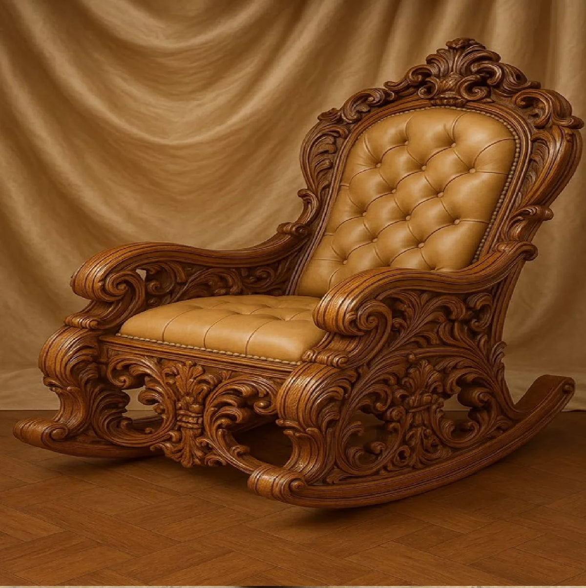 Home Villa Living Room Royal Luxury Ornate Wooden Rocking Chair with Elaborate Hand-Carved Details and Black Leather Upholstery Luxury Furniture Supplies