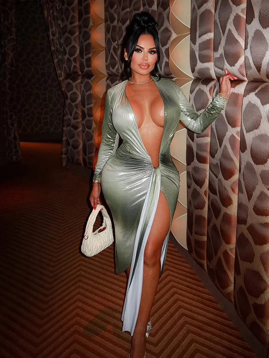 Sexy Silky Split Dress Women Irregular Ribbon Gradient Color Deep V-Neck Coquette Hottie Street Elegant Slim Bodycon Evening Party Night Clubwear Female Outfit