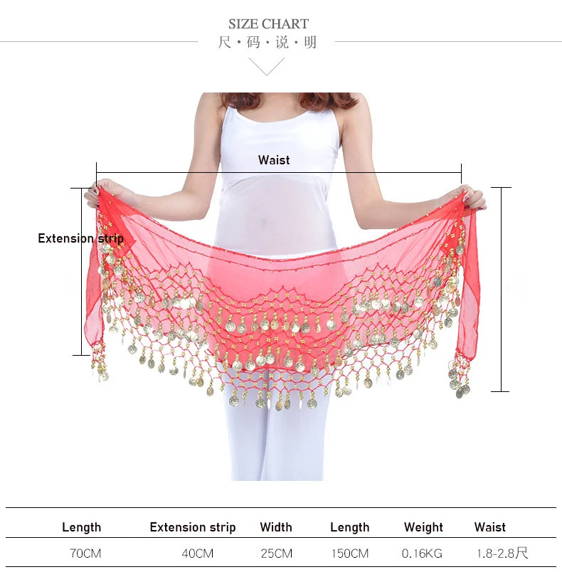 NEW Arrivals Belly Dance Belt for Women Chiffon Gold Coins Oriental Dancing Wear Accessories Girl's Chiffon Silver Coins Belly Dance Hip Scarf