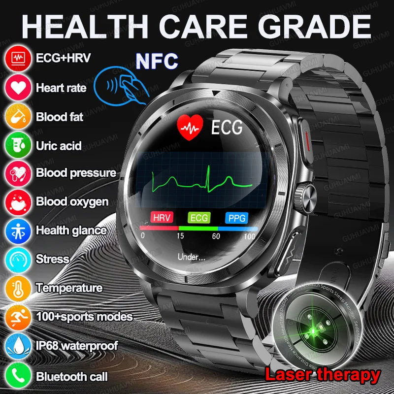 New Laser Therapy ECG Blood Pressure Smart Watch Uric Acid Blood Lipid Organ monitor Clock NFC BT Call Health Watches Men Health Care Supplies