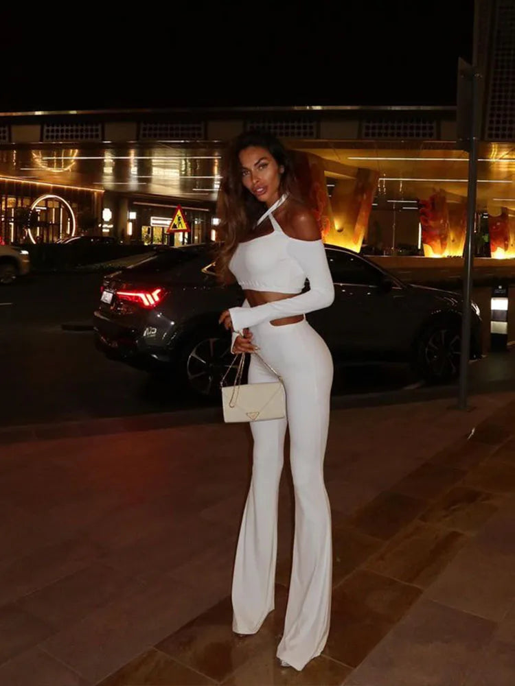 NEW Arrivals 2PCS Set Black/White  Tops + Pants Italian Fashion Sexy Sheath Women's Suits Sets Solid Hollow Out Slim Fit Tracksuits Long Sleeves Slash Neck Ladies Girls Casual Fashion Clothing Supplies