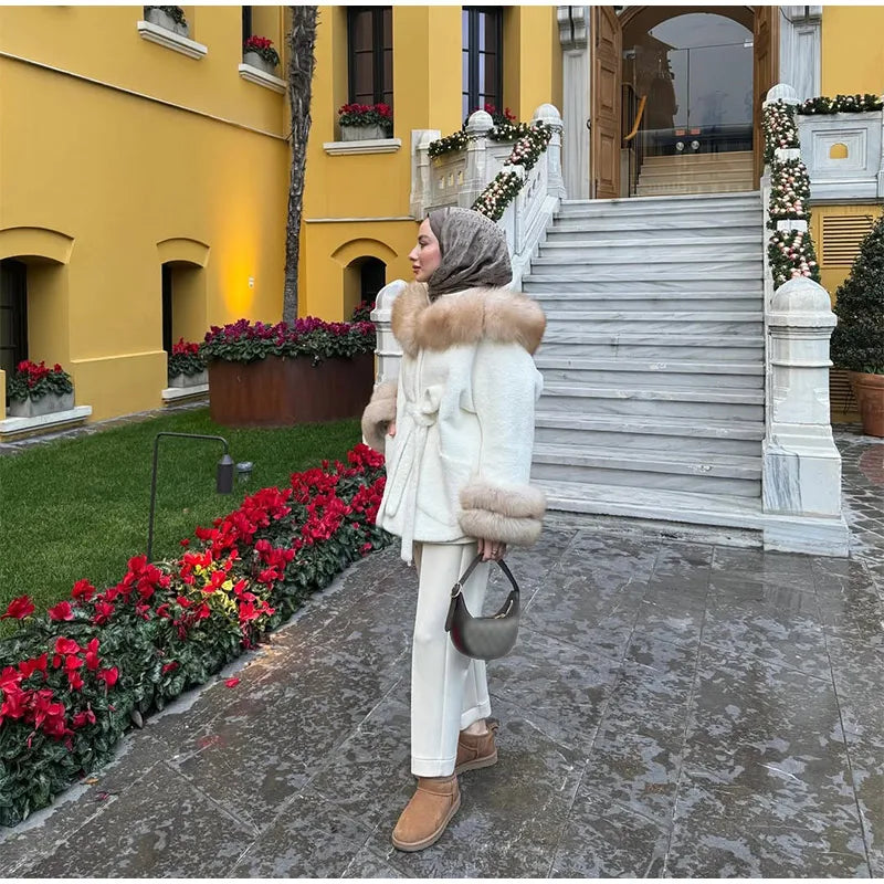 UK Size White/Gray/Brown/Black Color Hoody Mink  Fur Furry Coats Women Fashion Belt Long Sleeve Pocket Thicken Warm Jacket Autumn Winter Urban Lady Streetwear