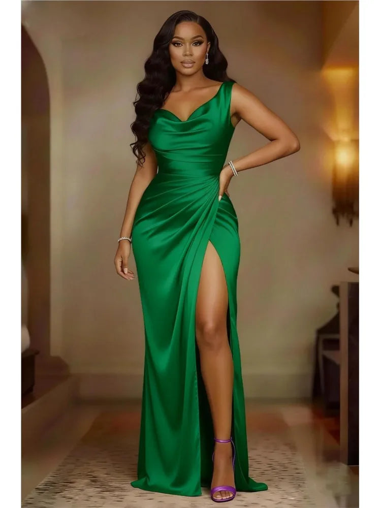 S-3XL Plus Size 6 Colors Elegant Women Sleeveless Solid Color Long Dress Fashion Draped Slim Fit Party Dress Sexy Off Shoulder Hight Split Evening Dress