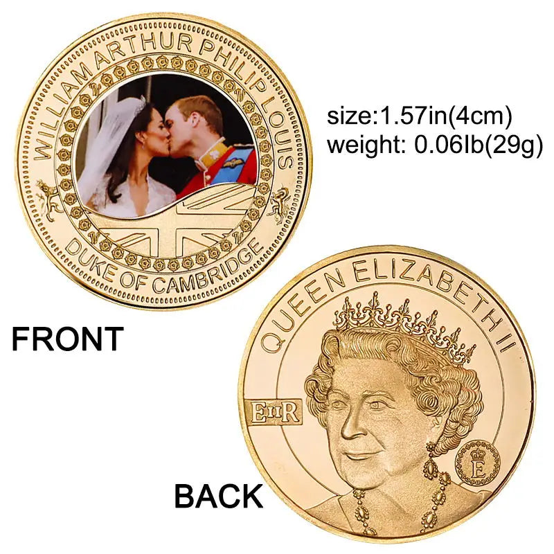 Prince William Catherine UK Gold Plated Commemorative Coin British Royal Family Challenge Coin Queen Elizabeth II Souvenir Gifts