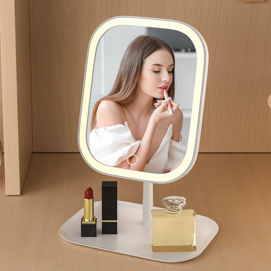 NEW Arrivals White/Pink Color LED Desktop Vanity Mirror 3 Color Dimmable Light Make-Up Mirror Light Touching Mirror Women Bedroom Dressing Mirror Ladies Beauty Salon Spa Accessories