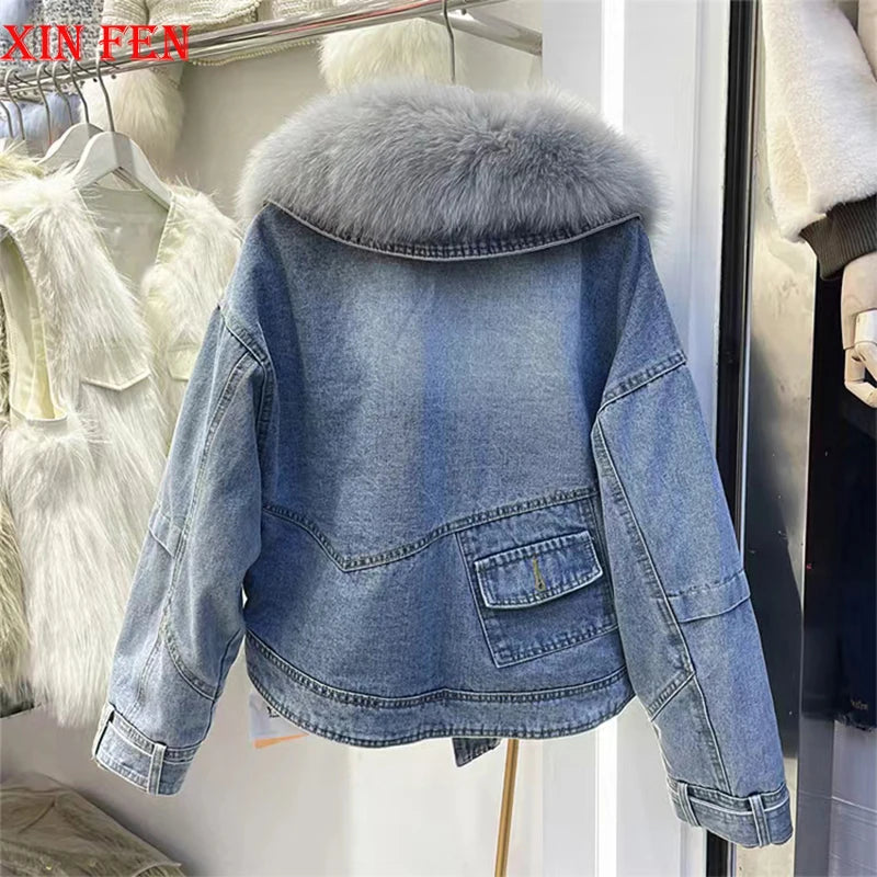 Winter Women New Luxury Natural True Fox Fur Big Collar Goose Down Denim Down Jackets Short Warm Casual  Jacket Coat