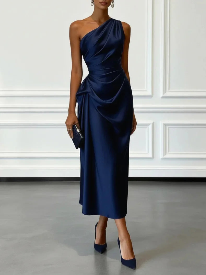 S-2XL UK Size One Shoulder Luxury Satin Midi Dress With Ruched Waist Elegant Sleeveless Evening Wedding Guest Business Party Formal Gown Ladies Outfits.