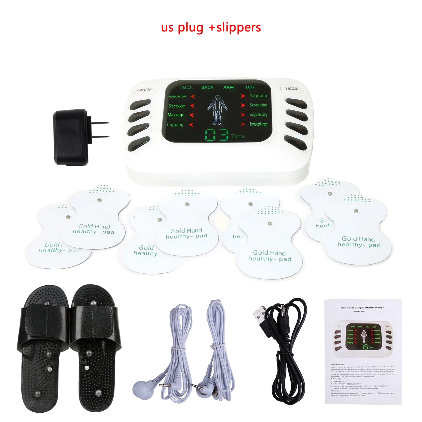 Full Set Electrical Muscle Stimulator + Slippers + Socks English Button Therapy Massage TENS Electronic Massager  Physiotherapy TENS Machine Health Care Supplies