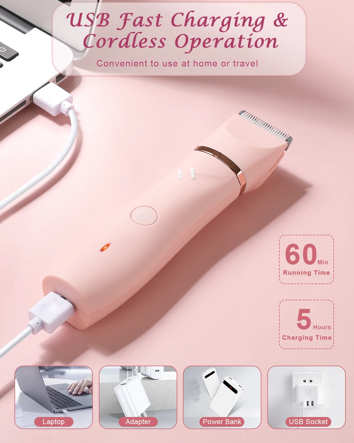 INBUTY 2 in 1 Bikini Trimmer Pubic Hair Grooming Women Hair Clipper Electric Shaver Lady Razors Painless Epilator USB Waterproof
