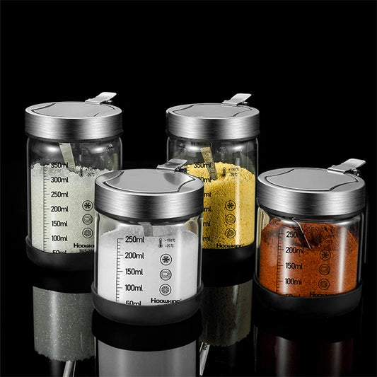 3 PCS Set 350ml  Spices Glass Seasoning Jar with Spoon Sugar Bowl Salt Shaker Seasoning Container Kitchen Supplies Storage Set Spice Boxes Kitchenware Supplies