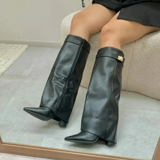 NEW Arrivals UK Big Size 6 Colors Autumn and Winter New Pointed Metal Buckle Knee High Women's Boots, Thick High-Heeled Pants Boots, Fashionable Mid Leg Boots
