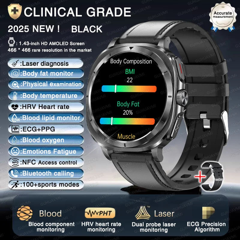New Laser Therapy ECG Blood Pressure Smart Watch Uric Acid Blood Lipid Organ monitor Clock NFC BT Call Health Watches Men Health Care Supplies