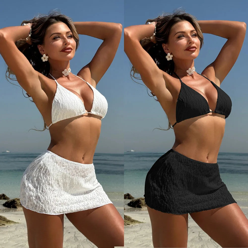 NEW Arrivals 3 PCS Set Fashionable Sexy Swimsuit Women's Lace Skirt Split Bikini Cover Ups Suit Seaside Beach Swimsuit Sets Female Bathing Swimming Apparel Clothing Supplies