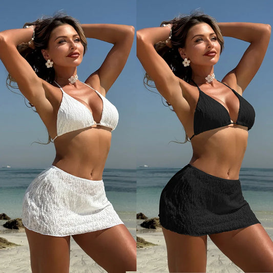 NEW Arrivals 3 PCS Set Fashionable Sexy Swimsuit Women's Lace Skirt Split Bikini Cover Ups Suit Seaside Beach Swimsuit Sets Female Bathing Swimming Apparel Clothing Supplies