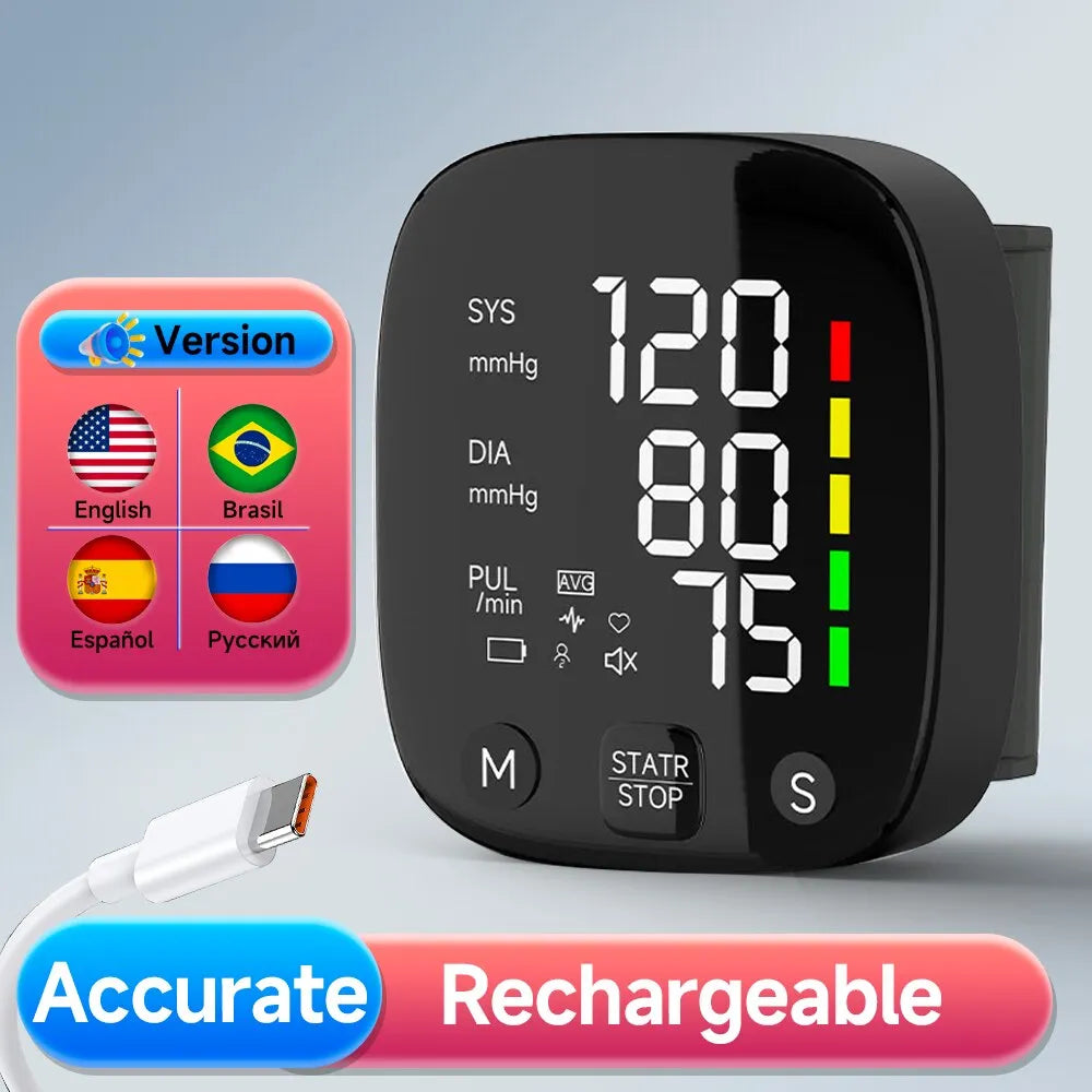 New LED Rechargeable Wrist Blood Pressure Monitor English / Russian / Portuguese / Spanish Voice Broadcast Tonometer BP Monitor