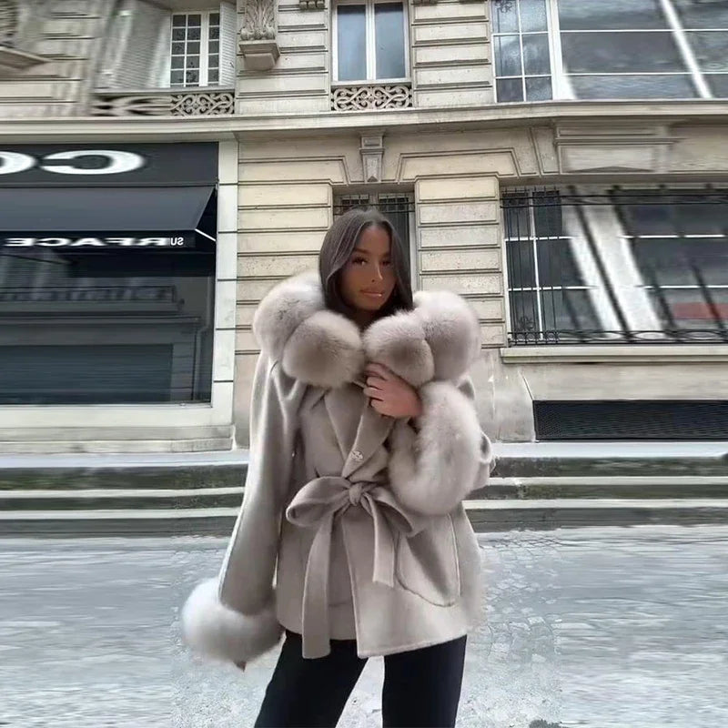 NEW UK Size Black/White/Gray Color Elegant Collar Fur Lace Up Coat Women Loose Full Sleeve Open Stitch Lapel Warm Coats Female Autumn Winter Thicken Top New Girls Winter Outwear