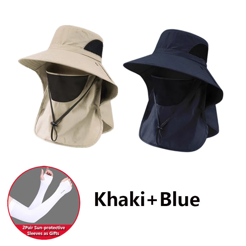 2 PCS Set Summer Sun Hats UV Protection Outdoor Beach Camping Hunting Fishing Cap For Men Women Hiking Camping Visor Bucket Hat Neck Flap Fisherman Hat