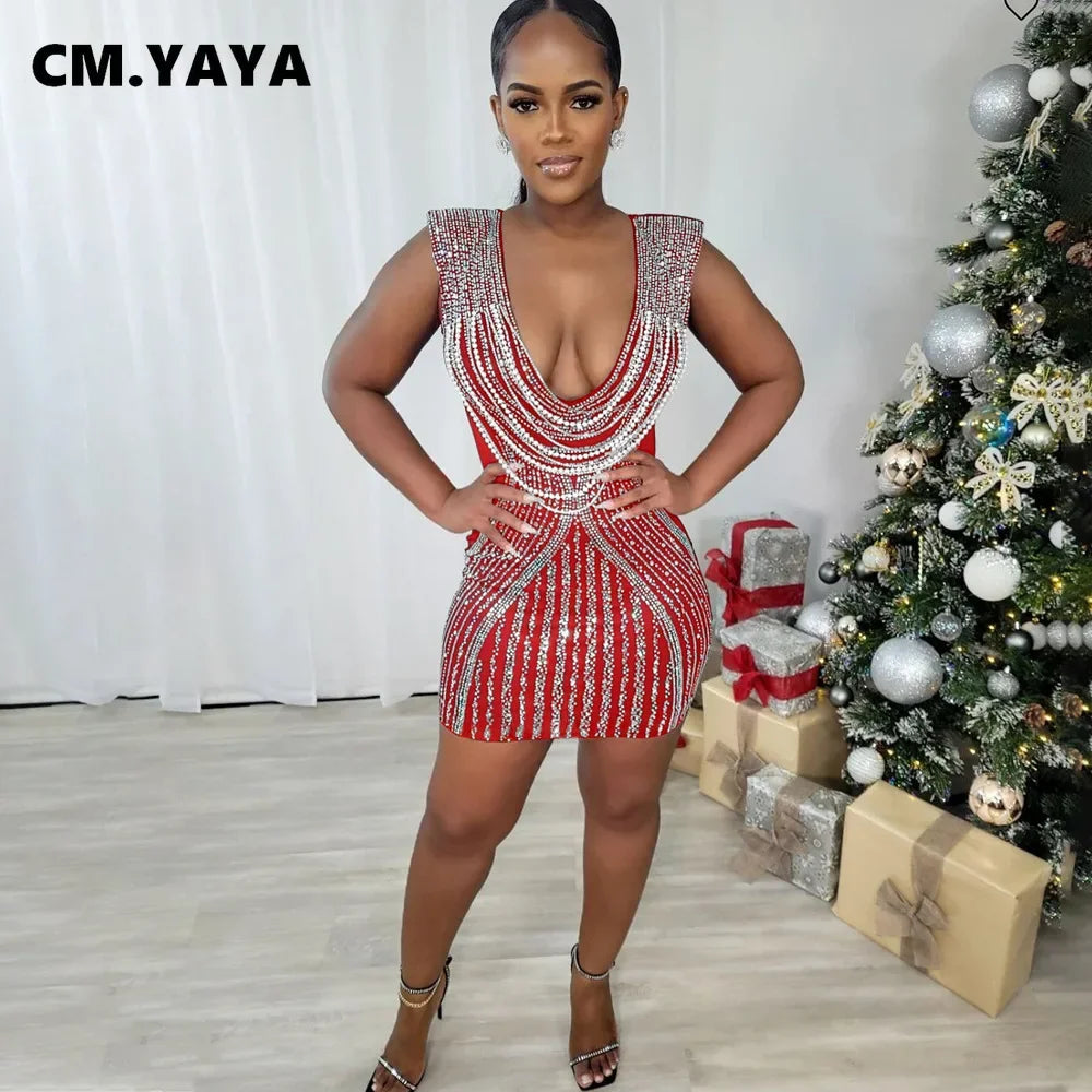 NEW Arrivals S-2XL UK Size Red/Black/Blue Color  Women Mesh V-Neck Diamonds Hot Rhinestones Beading Bodycon Mini Dress Summer Evening Night Club Sexy Party Dresses